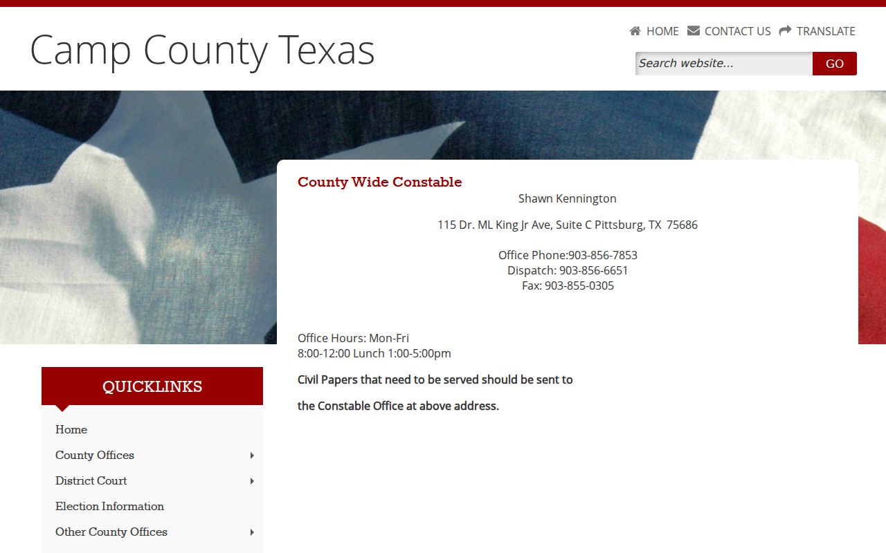 Camp County active warrant service context, countywide Constable contact page
