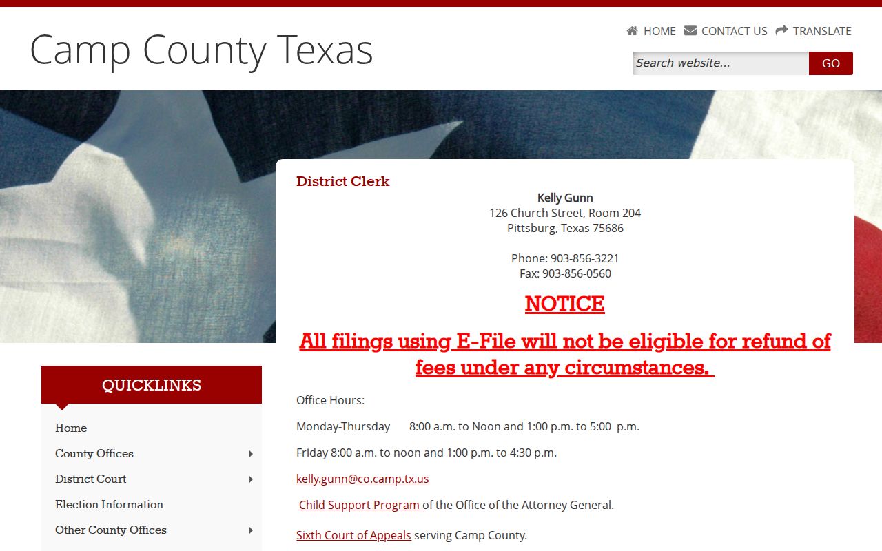 Camp County bench warrant records routing, District Clerk contact page