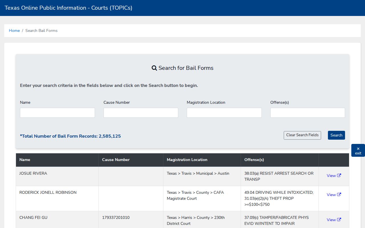 Camp County active warrant context, OCA public bail-form search fields