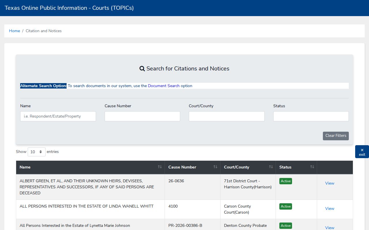 Camp County warrant lookup, Texas OCA citation and notice search fields