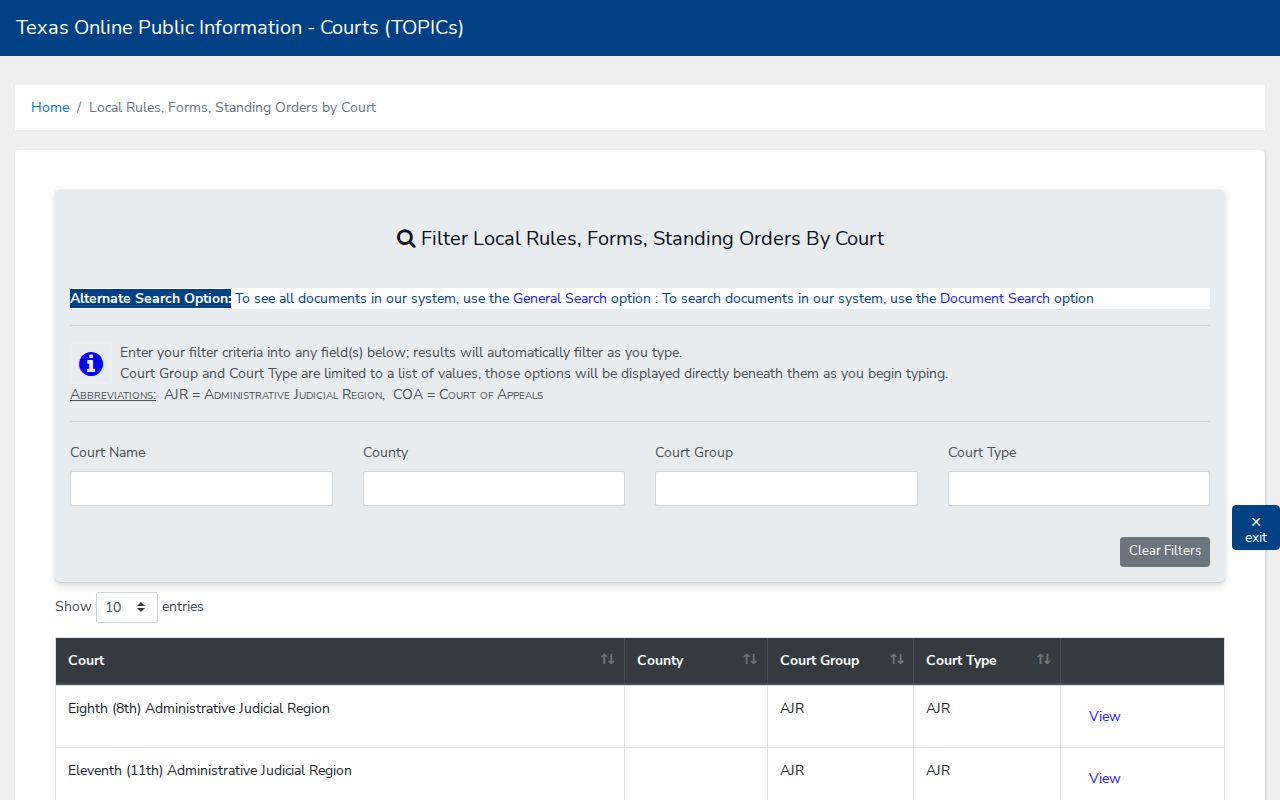 Camp County bench warrant research, Texas OCA local rules and forms filters