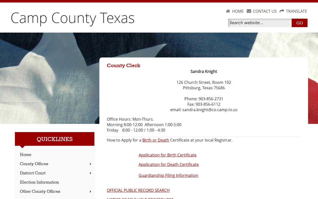 Camp County warrant records access, County Clerk contact and public-record search