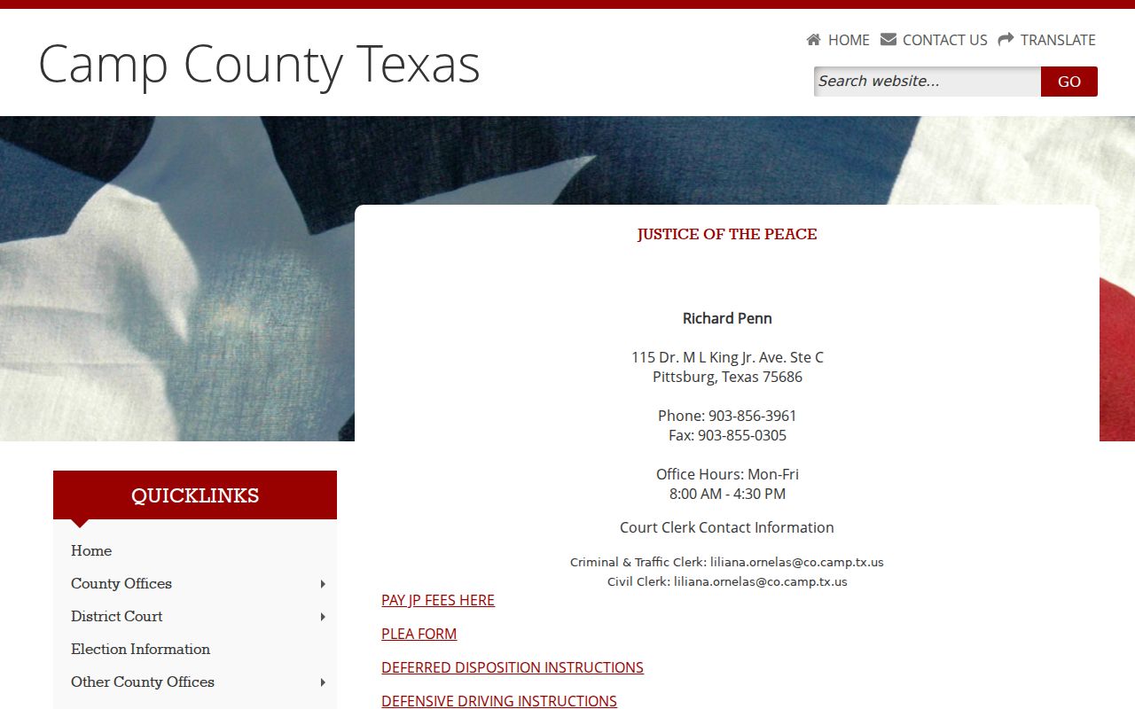 Camp County traffic warrant records: countywide Justice of the Peace contact route