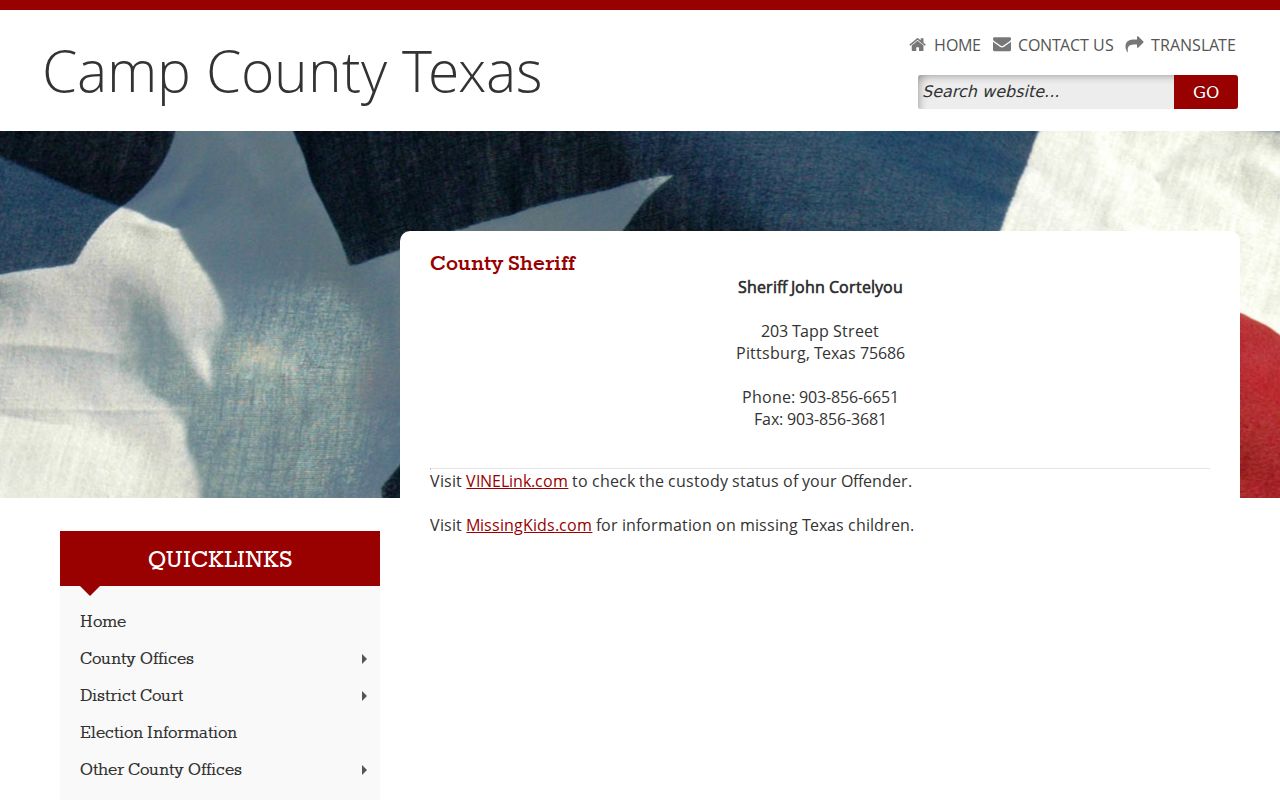 Camp County warrant information, official Sheriff contact page